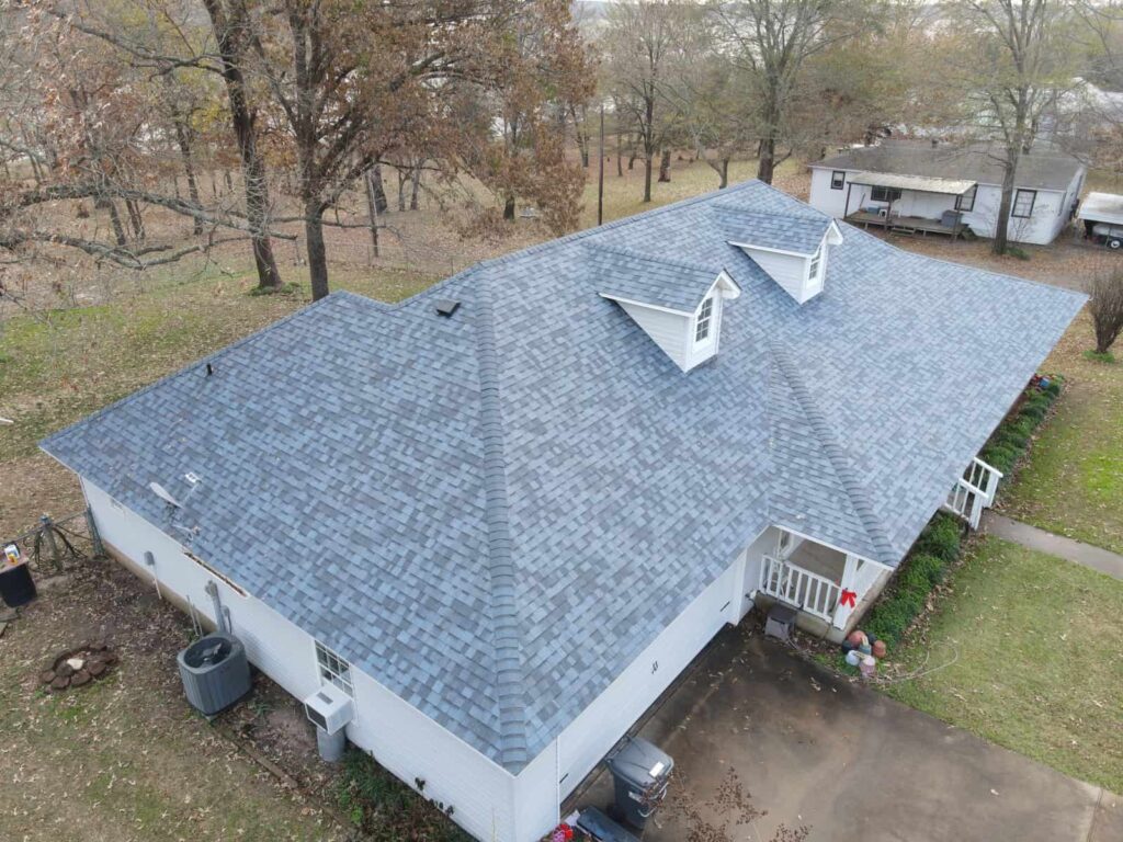 Aerial view of a residential roof in Northeast Texas
