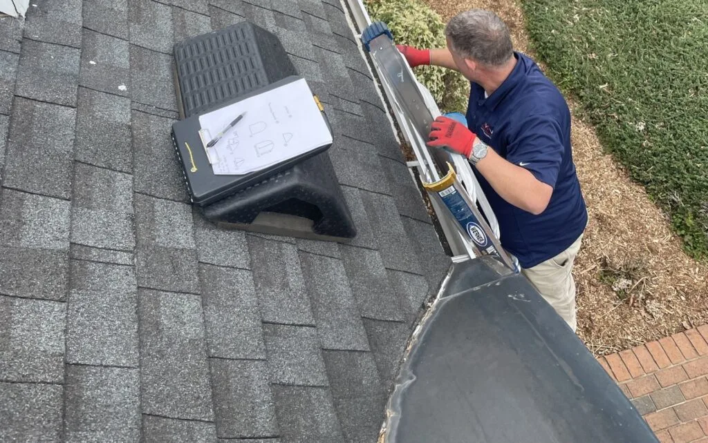 Close work during roof repair in Emory, Texas
