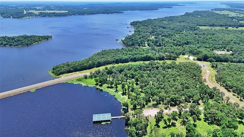 Aerial view of a lake and wooded shoreline near Yantis, Texas