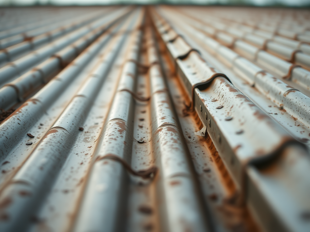 PBR Panel Metal Roofing 6 Aged metal building roof with rust staining around its fasteners