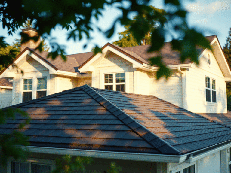 House with a dark roof surrounded by trees