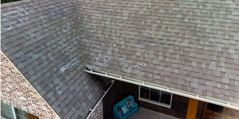 Hail impact marks circled in chalk on a Northeast Texas shingle roof