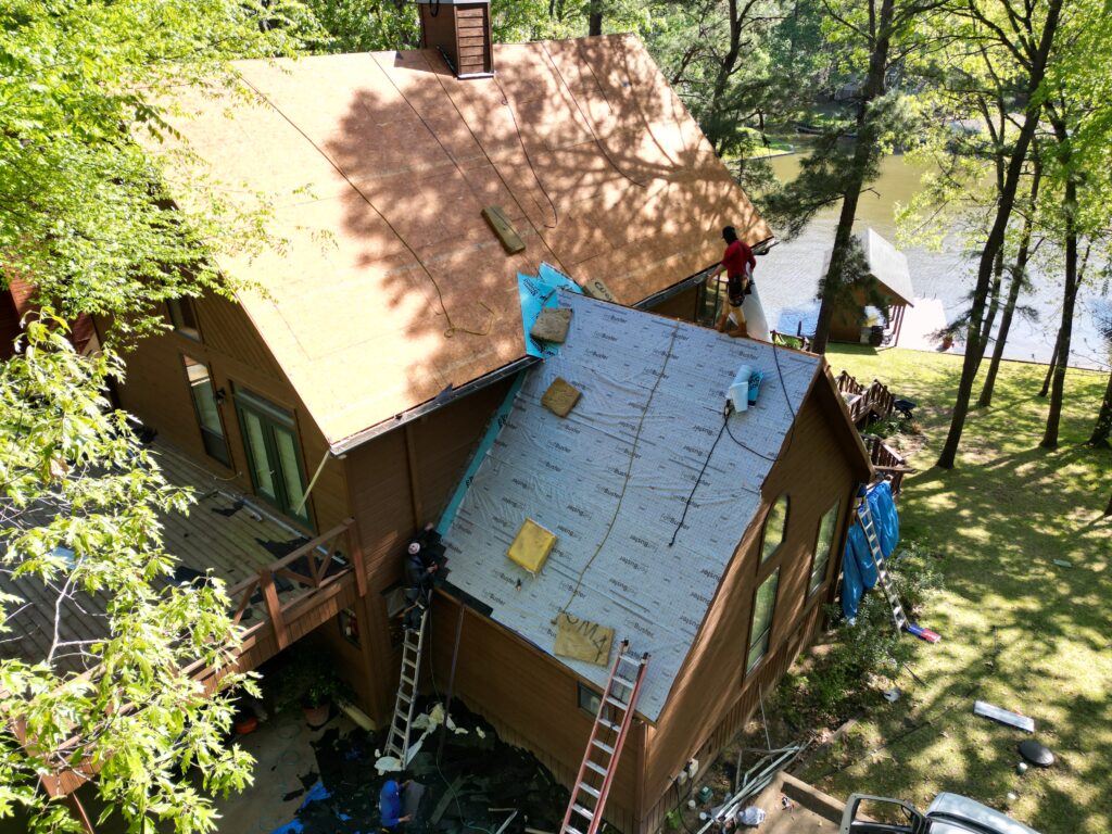 Tear-off in progress in Lake Cypress Springs, TX by DJJ Roofing